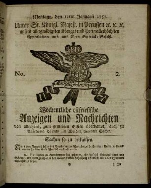 No. 2. Montags, den 11ten Januarii 1751.