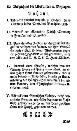 Verzeichnis der Uhrkunden und Beylagen. Anhang.