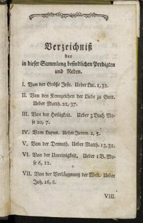 Verzeichniß der in dieser Sammlung befindlichen Predigten und Reden.