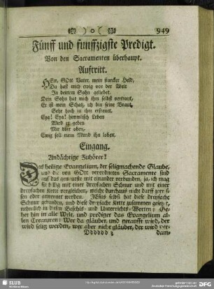 Fünff und funffzigste Predigt. Von den Sacramenten überhaupt