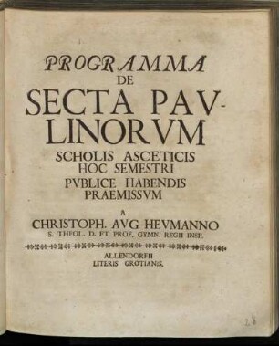 Programma De Secta Pavlinorvm Scholis Asceticis Hoc Semestri
