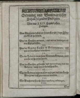 Ordnung und Summarischer Inhalt folgender Predigten.