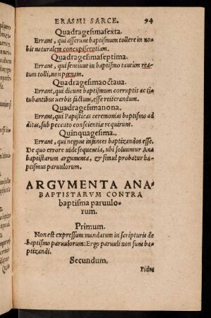 94r-103r, Argumenta anabaptistarum contra baptisna parvulorum.