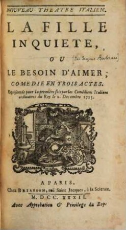 La Fille Inquiète, Ou Le Besoin D'Aimer : Comedie En Trois Actes
