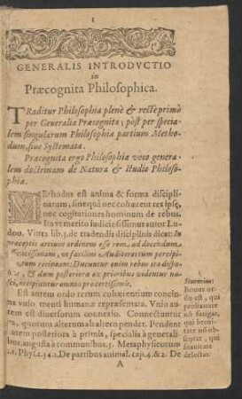 Generalis Introductio in Praecognita Philosophica.