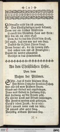 An den Christlichen Leser. Von dem Nutzen der Psalmen