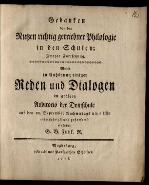Forts. 2: Gedanken von dem Nutzen richtig getriebener Philologie in den Schulen