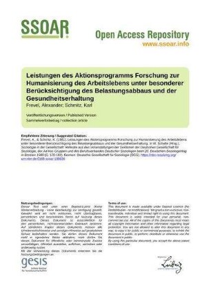 Leistungen des Aktionsprogramms Forschung zur Humanisierung des Arbeitslebens unter besonderer Berücksichtigung des Belastungsabbaus und der Gesundheitserhaltung