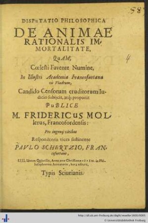 DISPuTATIO PHILOSOPHICA DE ANIMAE RATIONALIS IMMORTALITATE