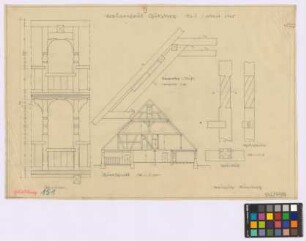 Gutzberg (Landkreis Nürnberg): Fränkisches Bauernhaus (erbaut 1[6]05). - Wohnhaus (Querschnitt). - Balkon (Ansicht). - Dachstuhl (Teil-Schnitt). - Holzsäule (Ansicht, Schnitt, Grundriss).