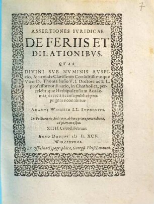 Assertiones Ivridicae De Feriis Et Dilationibvs