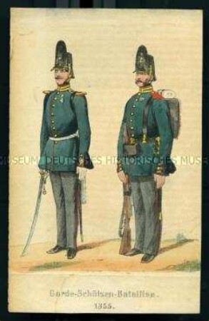 Uniformdarstellung, Offizier und Schütze des Garde-Schütze-Bataillons, Preußen, 1855. Aus: Der Soldatenfreund.