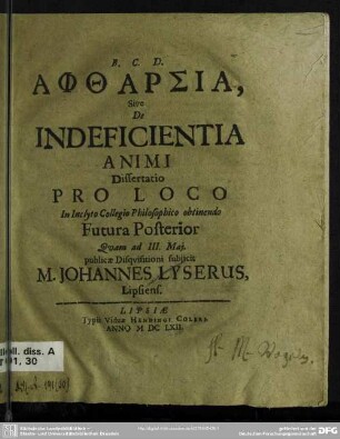 Aphtharsia, sive de indeficentia animi : dissertatio