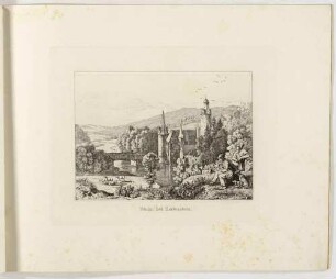 Das Schloss (Burg) Stein (Hartenstein-Stein) südöstlich von Zwickau am Ufer der Zwickauer Mulde, Blick aus östlicher Richtung; Blatt 5 aus Zehn Ansichten merkwürdiger Gegenden in Sachsen von Ludwig Richter