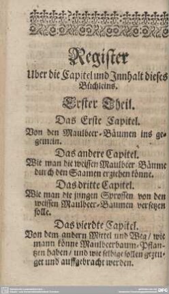 Register Uber die Capitel und Innhalt dieses Büchleins.