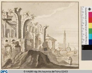 Ruine eines römischen Bauwerks, im Hintergrund Rundtempel und Obelisk