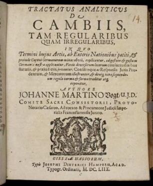 Tractatus Analyticus De Cambiis, Tam Regularibus Quam Irregularibus