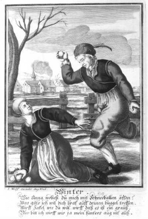 Winter : Winter. Aus der Folge "Vier Jahreszeiten". Kupferstich; 290 x 190 mm (vor 1724; M. Engelbrecht). Dresden: Kupferstich-Kabinett 107607 in B 1360, 2
