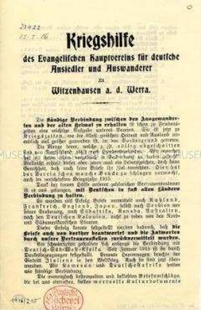 Aufforderung zur Kontaktaufnahme mit dem Evangelischen Hauptverein in Witzenhausen