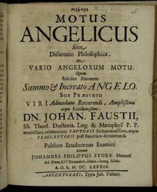 [...] Motus Angelicus Sive Dissertatio Philosophica, De Vario Angelorum Motu
