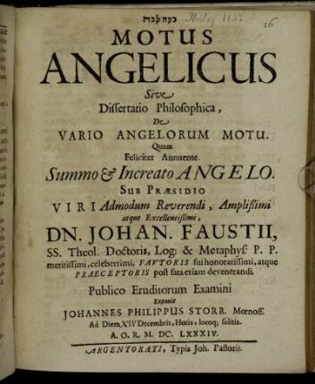 [...] Motus Angelicus Sive Dissertatio Philosophica, De Vario Angelorum Motu