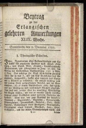 XLIX. Woche. Sonnabends, den 8. December. 1787.