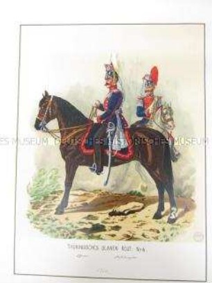 Uniformdarstellung, Offizier und Stabstrompeter des Thüringischen Ulanen-Regiments No. 6 zu Pferd, Preußen, 1864. Tafel 55 aus: Schindler: Militair-Album.