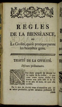 Traité de la Civilité. Discours préliminaire. = Abhandlung von der Höflichkeit. Einleitung.