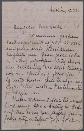 Brief von Vera von Bergen-Dirksen an Georg Kolbe