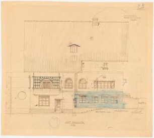 Einfamilienwohnhaus, Berlin-Nikolassee: (von Inv.Nr. 43322) Aufriss 1:50 Ostansicht; mit Gauben- und Balkonvariante