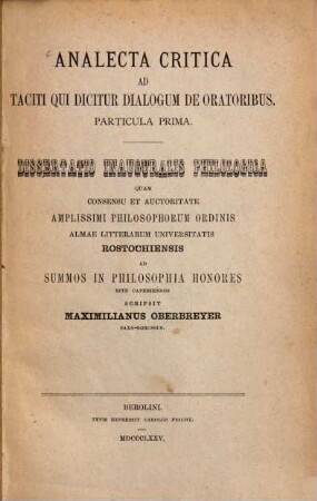 Analecta critica ad Taciti qui dicitur dialogum de oratoribus, 1