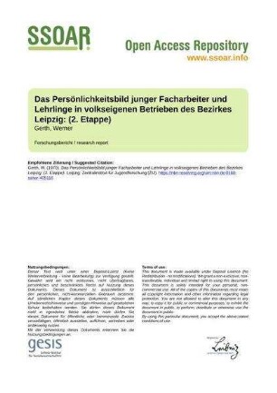 Das Persönlichkeitsbild junger Facharbeiter und Lehrlinge in volkseigenen Betrieben des Bezirkes Leipzig: (2. Etappe)