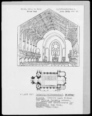 Grundriß und Innenansicht der Sankt Lukaskirche in Leipzig-Volkmarsdorf