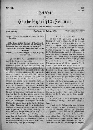 Beiblatt zur hamburgischen Handelsgerichts-Zeitung No. 42. Elfter Jahrgang. Hamburg, 30. Oktober 1878.