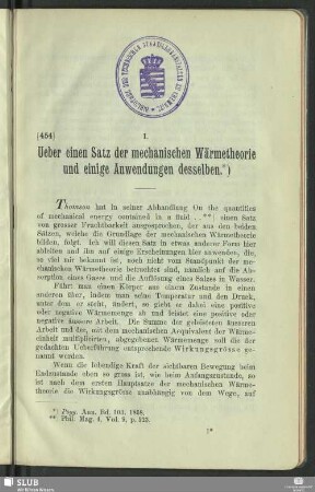 I. Ueber einen Satz der mechanischen Wärmetheorie und einige Anwendungen desselben