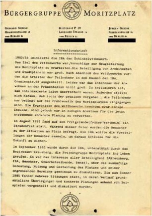 Informationsbrief: Bürgergruppe Moritzplatz, September 1986