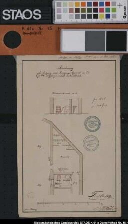 "Anlegung eines Reinigungs-Apparats in der Koje Nr. 8 der Gefangenen-Anstalt" am Dom ("Anlage z. Antrag Nr. 4 a vom 3. Dez. 1865) Ausf.-Art: Farbige Zeichnung Herst.: Hering Format: 30 x 18 cm Maßstab: ca. 1 : 120
