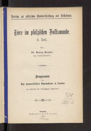 2: Tiere im pfälzischen Volksmunde