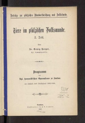 2: Tiere im pfälzischen Volksmunde
