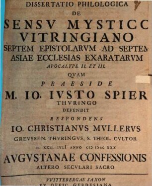 Diss. philol. de sensu mystico Vitringiano septem epistolarum ad septem Asiae ecclesias exaratarum, apocal. II. et III.
