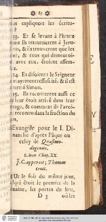 L'Evangile pour le I. Dimanche d'aprés Pâque ou celuy de Qusimodogeniti