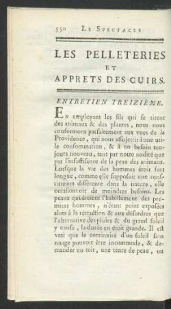Entretien treizième. Les pelleteries et apprets des cuirs.