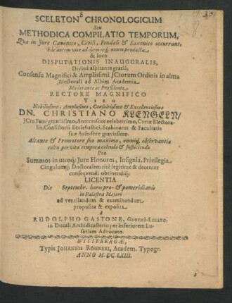 Sceleton Chronologicum Seu Methodica Compilatio Temporum, Quae in Iure Canonico, Civili, Feudali & Saxonico occurrunt