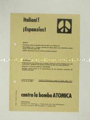 Propagandaflugblatt von der "Kampagne für Abrüstung" zum Ostermarsch gegen Atomwaffen, gerichtet an italenische und spanische Einwanderer