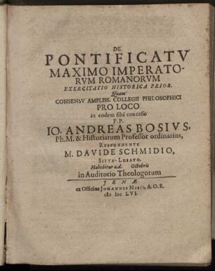 De Pontificatu Maximo Imperatorum Romanorum Exercitatio Historica Prior.
