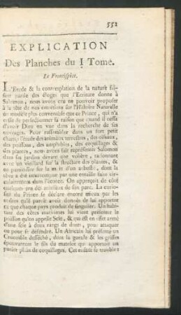 Explication des Planches du I Tome.