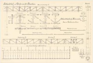 Schlachthof und Viehmarkt, Breslau Schlachthalle für Kleinvieh: Eiserne Dachkontruktionen: Grundriss Trägerlage 1:100, Gitterträger 1:20, Schnitte Knotenpunkte Säule 1:10