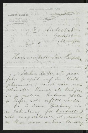 Brief von Albert Langen an Gerhart Hauptmann