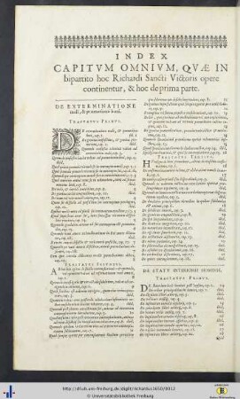 Index Capitum Omnium, Quae In bipartito hoc Richardi Sancti Victoris opere continentur.