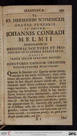 [VII.] Io. Hermanni Schminckii Oratio Funebris in obitum Iohannis Conradi Melmii Dusseldorffiensis [...]
